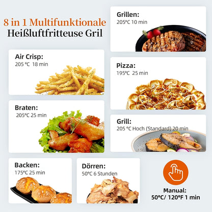 Fritadeira Elétrica 8 em 1 com Grelha e Ar Quente, Capacidade de 6L, Controlo por Toque, Temporizador de 120 Minutos, 1700W, Preta