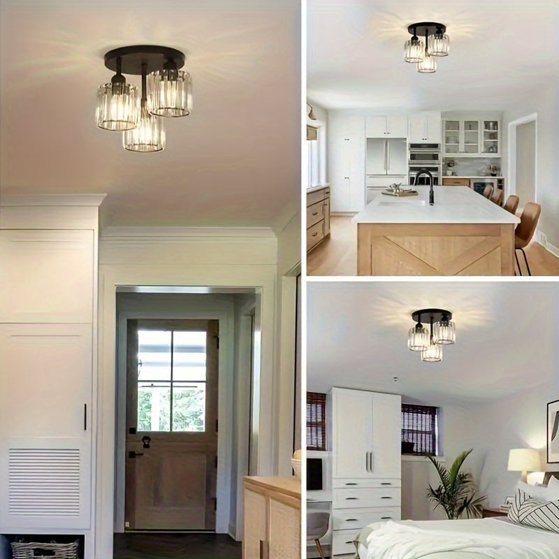 Modern 3-Light Semi-Flush Mount Crystal Chandelier - Metal Ceiling Light Fixture with Glass Shades for Dining Room, Foyer, Hallway, Kitchen Island, Office - E27 Bulb Base, Hardwired (Bulbs Not Included)