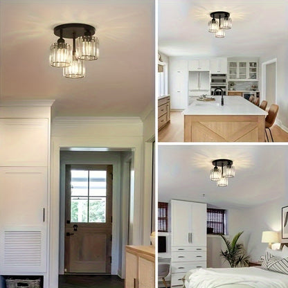 Modern 3-Light Semi-Flush Mount Crystal Chandelier - Metal Ceiling Light Fixture with Glass Shades for Dining Room, Foyer, Hallway, Kitchen Island, Office - E27 Bulb Base, Hardwired (Bulbs Not Included)