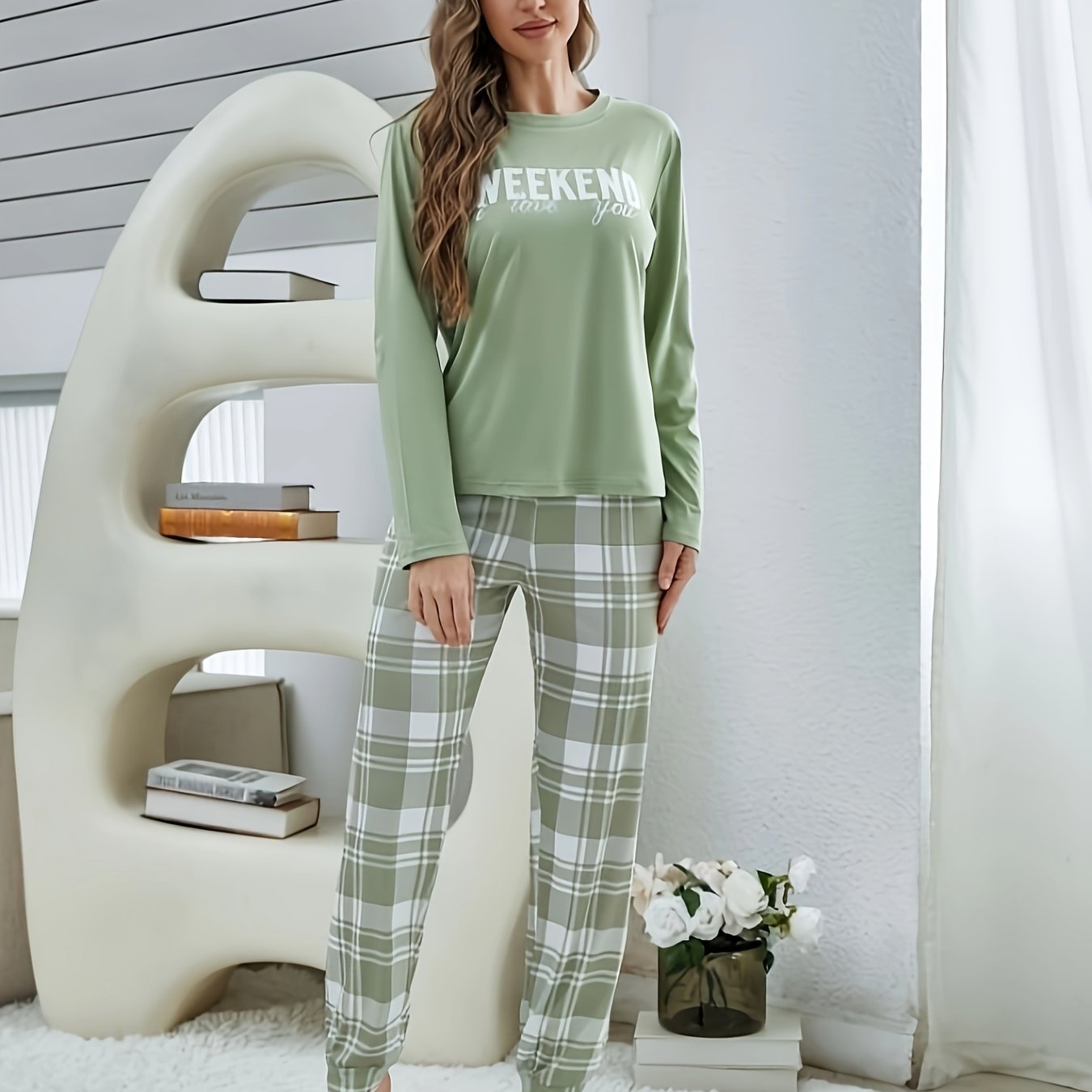 Women's round-neck printed long-sleeve top, plaid pants, pajamas, and loungewear
