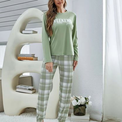Women's round-neck printed long-sleeve top, plaid pants, pajamas, and loungewear