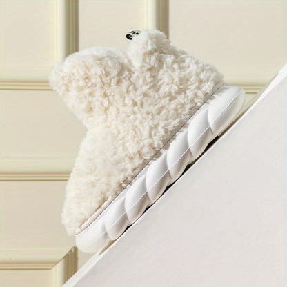 Women's Solid Color Fuzzy Slippers, High-top Round Toe Non-slip Thick Bottom Fluffy Warm Shoes, Winter Cozy Indoor Shoes