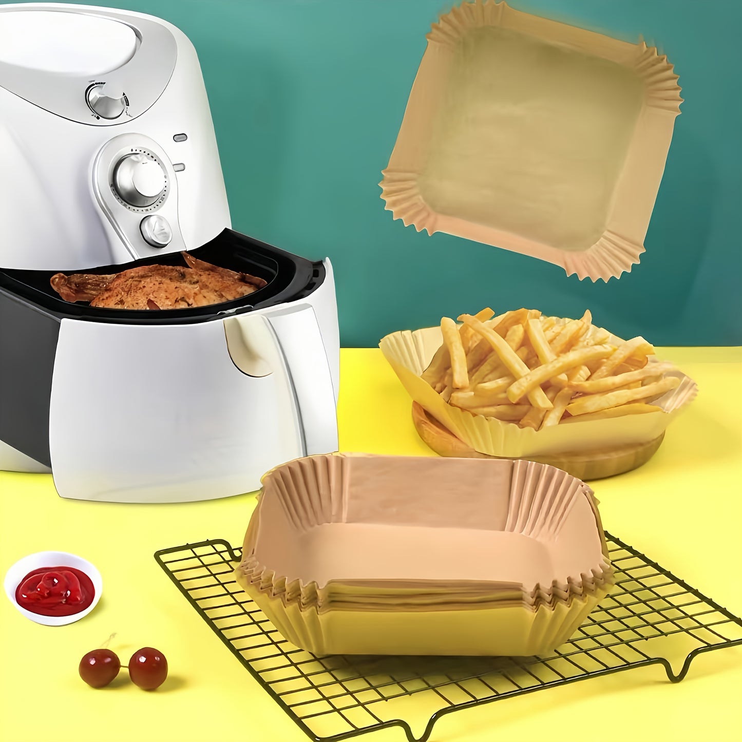 100pcs Non-Stick Air Fryer Liners - Brown Paper Sheets for Baking, Roasting And Microwaving - Easy to Clean, Healthier Cooking, Great for Home And Commercial Kitchens, Air Fryer Accessories