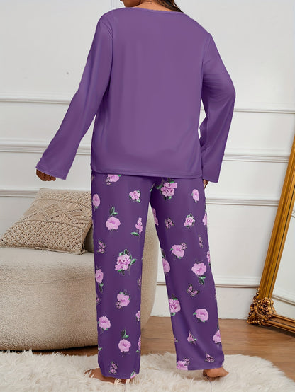 Adult Butterfly Print Pajama Set - Casual Spring/Fall Polyester Knit Fabric, Elasticity, Long Sleeve Pants, Home Pajama Set for Adults