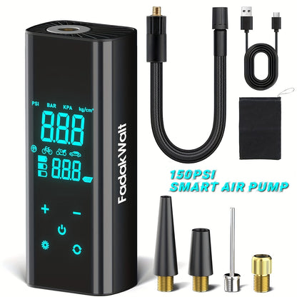 Recomendação: Bomba de ar de alta velocidade de 150 PSI com visor digital inteligente e luz de emergência para reparação de pneus. Adequada para encher carros, motas, bicicletas e diversos tipos de bolas. Versão preta obsidiana.