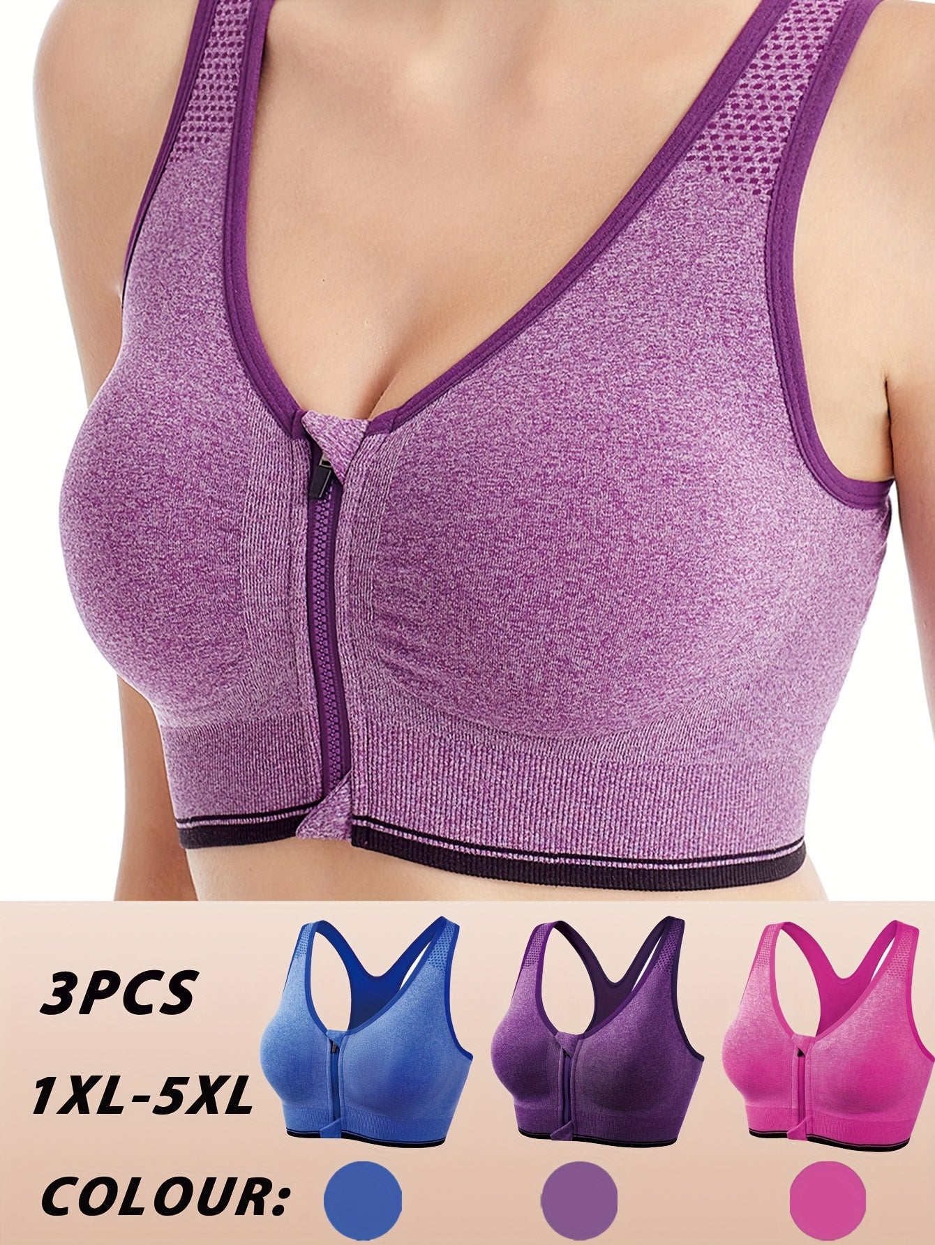 3pcs Plus Size Front Zipper Bras - No Underwire & Removable Pads, Breathable Mesh Running Bras for Women, 1XL-5XL (Navy/Black/Purple), Casual swear, Sleek y Look, Comfortable Fit