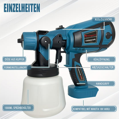 Fence Paint Sprayer with 2x 3000mAh Lithium Ion Batteries, HVLP Cordlss Paint Sprayer Compatible with Makita 18V Battery, 1000ml Tank 4 Nozzles And 2 Cleaning Tools, 3 Patterns Battery Spray Gun Paint Sprayer for Walls And Ce