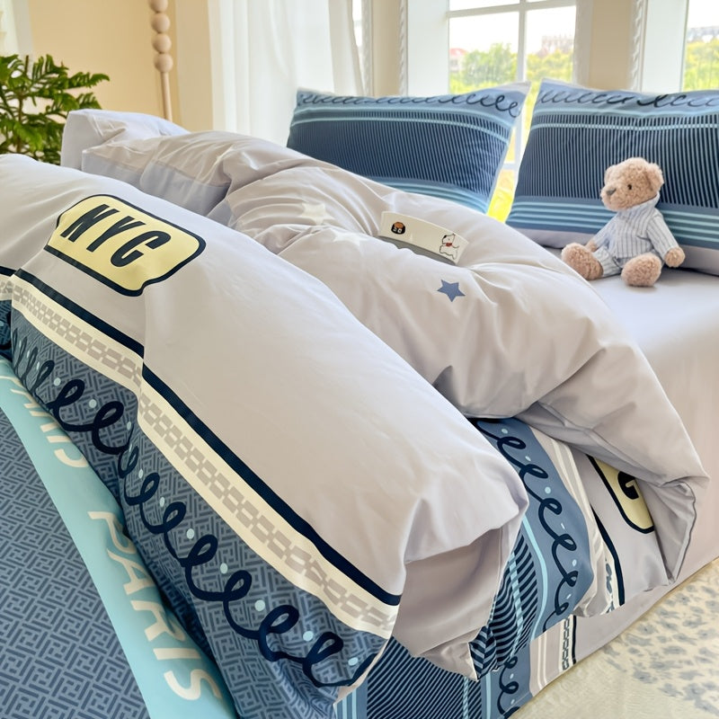 Four Seasons Beige-Friendly Printed Brooklyn Pattern Flannel Set, 4pcs 100% Cotton, 1 Duvet Cover + 2 Pillowcases + 1 Fitted Sheet, Soft and Delicate, Breathable and Sweat-Wicking, Simple and Elegant, Machine Washable,  Beddi