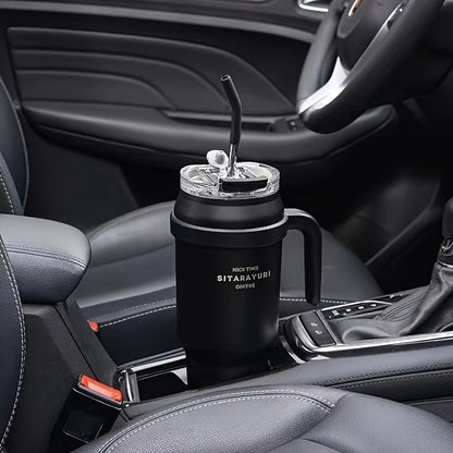 Copo térmico portátil de 1,4 litros (47,3 oz) com pega e tampa com palhinha, garrafa de água portátil de grande capacidade, copo de aço inoxidável para automóvel, ideal para desportos ao ar livre, viagens e campismo. Presente de Natal.