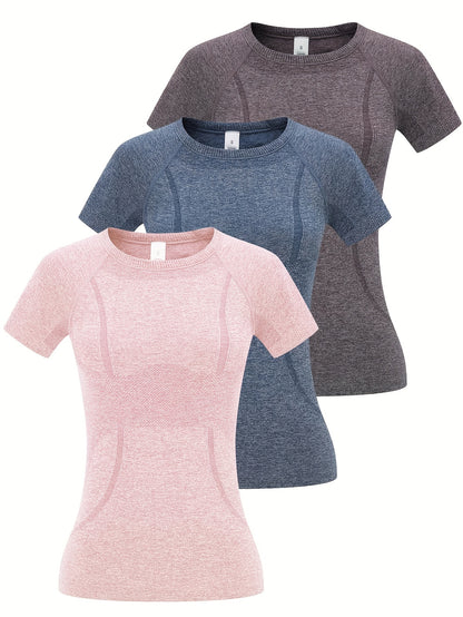 3pcs Women's Sports Fitness Running Top, Short Sleeve Quick-drying Breathable Comfortable T-shirt, Women's Clothing