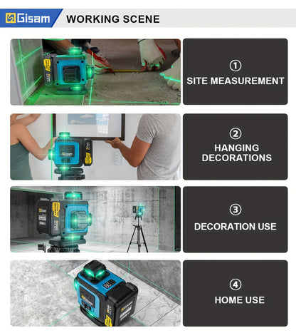 Gisam Multifunctional 16 Lines 4D Green Laser Level with Tripod & App Control, 360° Self-Leveling Horizontal & Vertical Cross Lines, USB & Battery Powered, Includes Carrying Case, Super-Powerful Beam, Portable Design for Ind