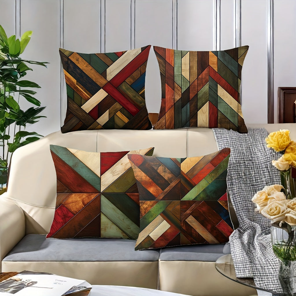 Conjunto de 4 capas de almofada decorativas geométricas contemporâneas para sofá, laváveis ​​à máquina, com fecho de correr e estampado, versáteis para decoração de ambientes, em poliéster tecido, ideais para sala de estar, quarto e mobiliário de jardim.