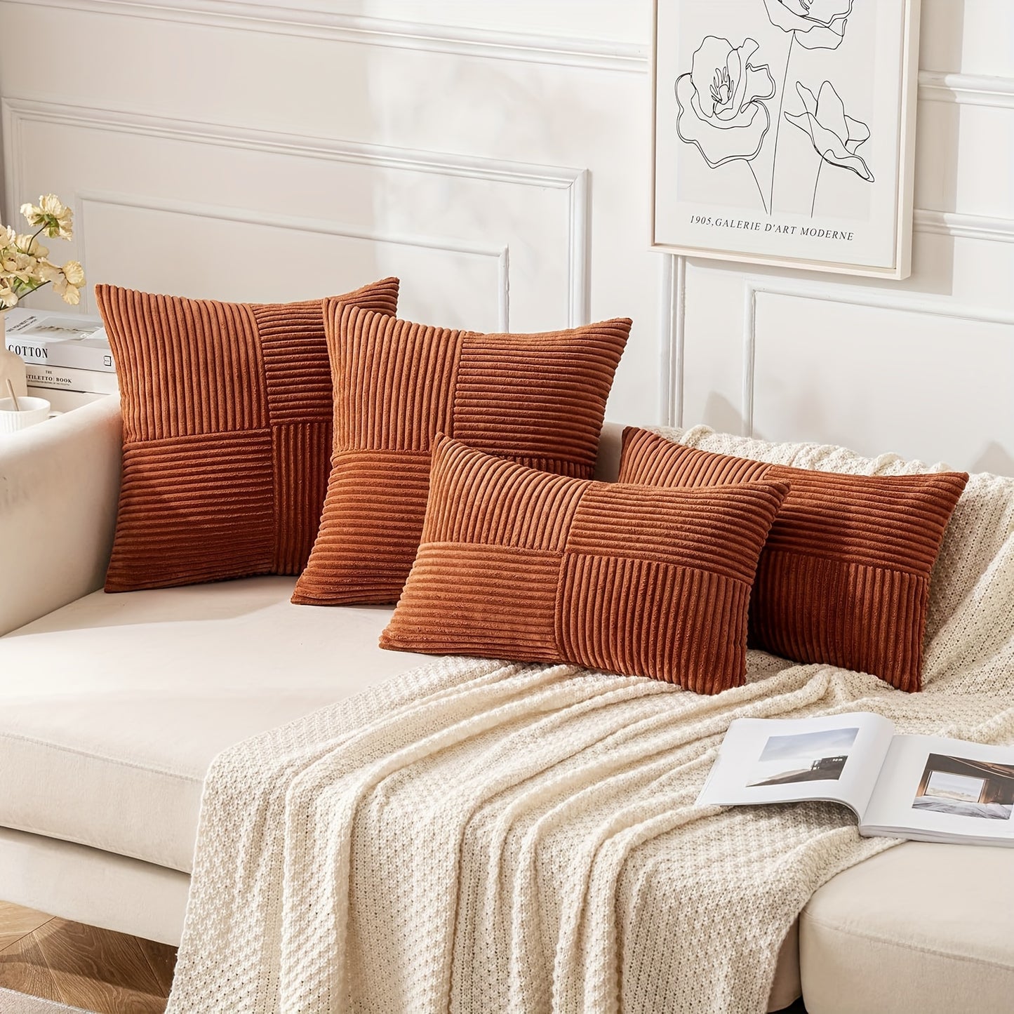 Conjunto de 4 almofadas sortidas (2 quadradas + 2 retangulares) com enchimento, superfície lisa, almofadas às riscas em bombazine resistentes ao desgaste, ideais para decorar sofás, quartos, salas e varandas.