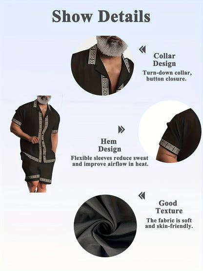 Elegant Men's 2Pcs Outfits, Casual Lapel Button Up Short Sleeve Shirts Hawaiian Shirt And Drawstring Shorts Set For Summer, Men's Clothing