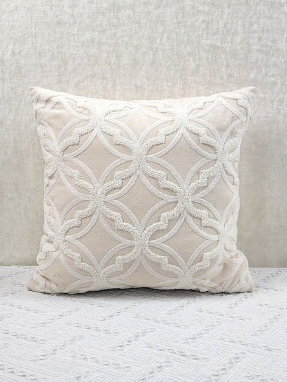 1pc Geometric Pattern Towel Embroidery Cushion Cover, Beige Base Fabric with White Embroidery