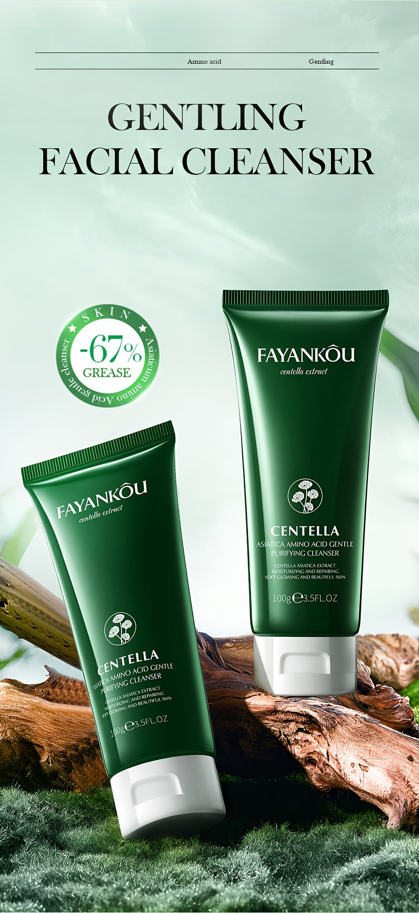 Centella Asiatica Amino Acid Facial Cleanser 100g - Gentle, Deep Cleansing & Moisturizing for Smooth, Radiant Skin | Oil Control, Hyaluronic Acid Infused, Fragrance-Free