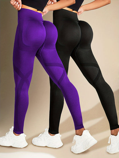 Two Solid Color High-Elasticity Fitness Yoga Leggings - Abdominal Control, Pleated, Elastic Waistband, Long Length, Made of Polyamide And Elastic Materials - Suitable for Women'S Activewear, Exercise, And All Seasons.