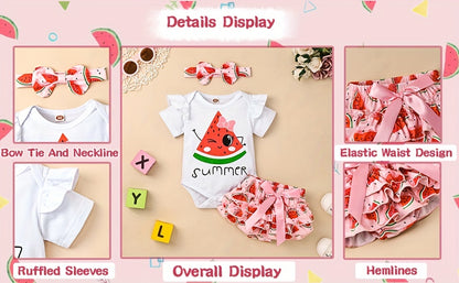 Conjunto de Roupa Infantil para Bebé Menina com Estampado de Abacate: Macacão, Calções e Fita para o Cabelo - 3 Peças - Ideal para o Verão e Atividades ao Ar Livre