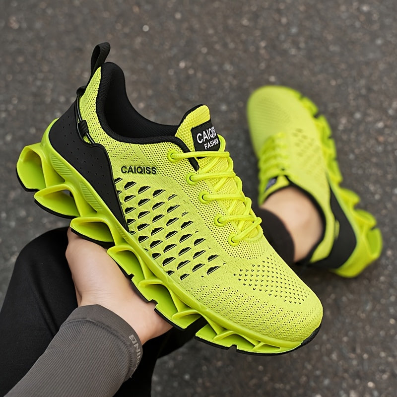 Ténis casual, leve e respirável para homem - amarelo néon e preto, topo em tecido com forro em malha, sola em TPU antitorção, design de cano baixo para todas as estações, ideal para caminhadas, treinos e uso diário.
