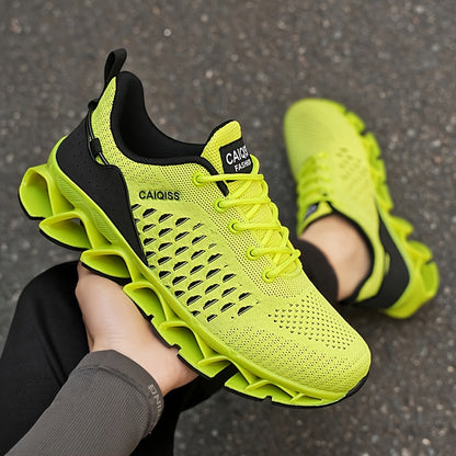 Ténis casual, leve e respirável para homem - amarelo néon e preto, topo em tecido com forro em malha, sola em TPU antitorção, design de cano baixo para todas as estações, ideal para caminhadas, treinos e uso diário.