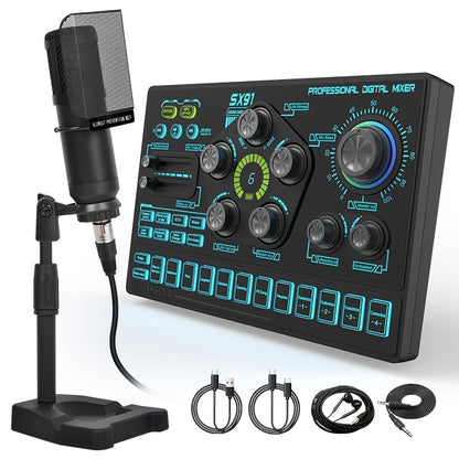 Podcast Live Broadcast Kit, SX91 Live Sound Card + BM800 Podcast XLR Condenser Microphone, Professional Mixing Equipment Set, Ideal for Gaming, Live Broadcasting, Recording Streaming Podcasts, Video Studio, Compatible with La