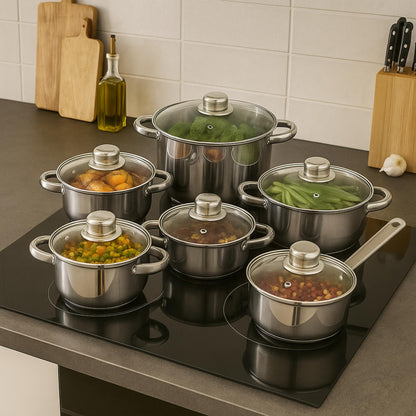 Well Home 12pcs Stainless Steel Kitchen Battery Game with Induction Bases And Ergonomic Handles