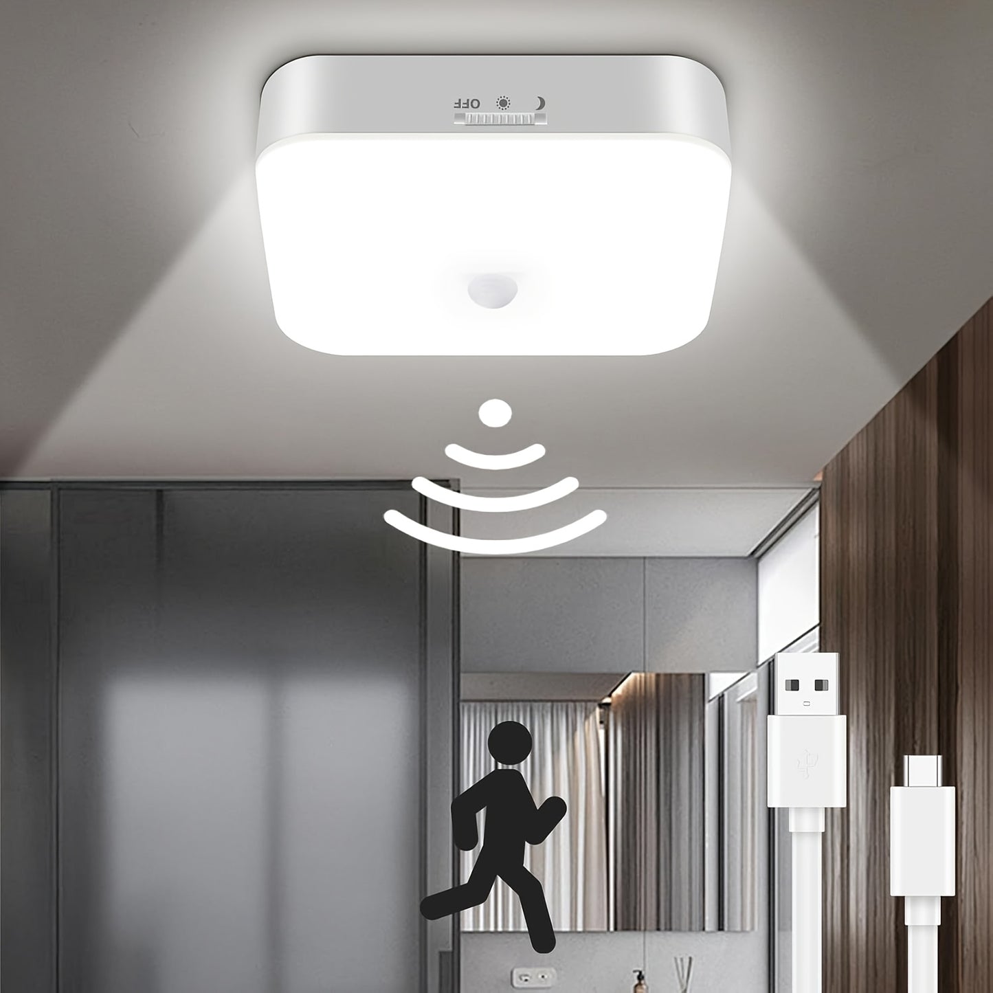 1 Modern Motion Sensor LED Ceiling Light, 500LM High Brightness 10000mAh Rechargeable Battery Powered Wireless, Day and Night Two Work Modes Motion Sensor Lamp, Suitable for Entrance, Kitchen, Stairs, Hallway, Pantry, Superma