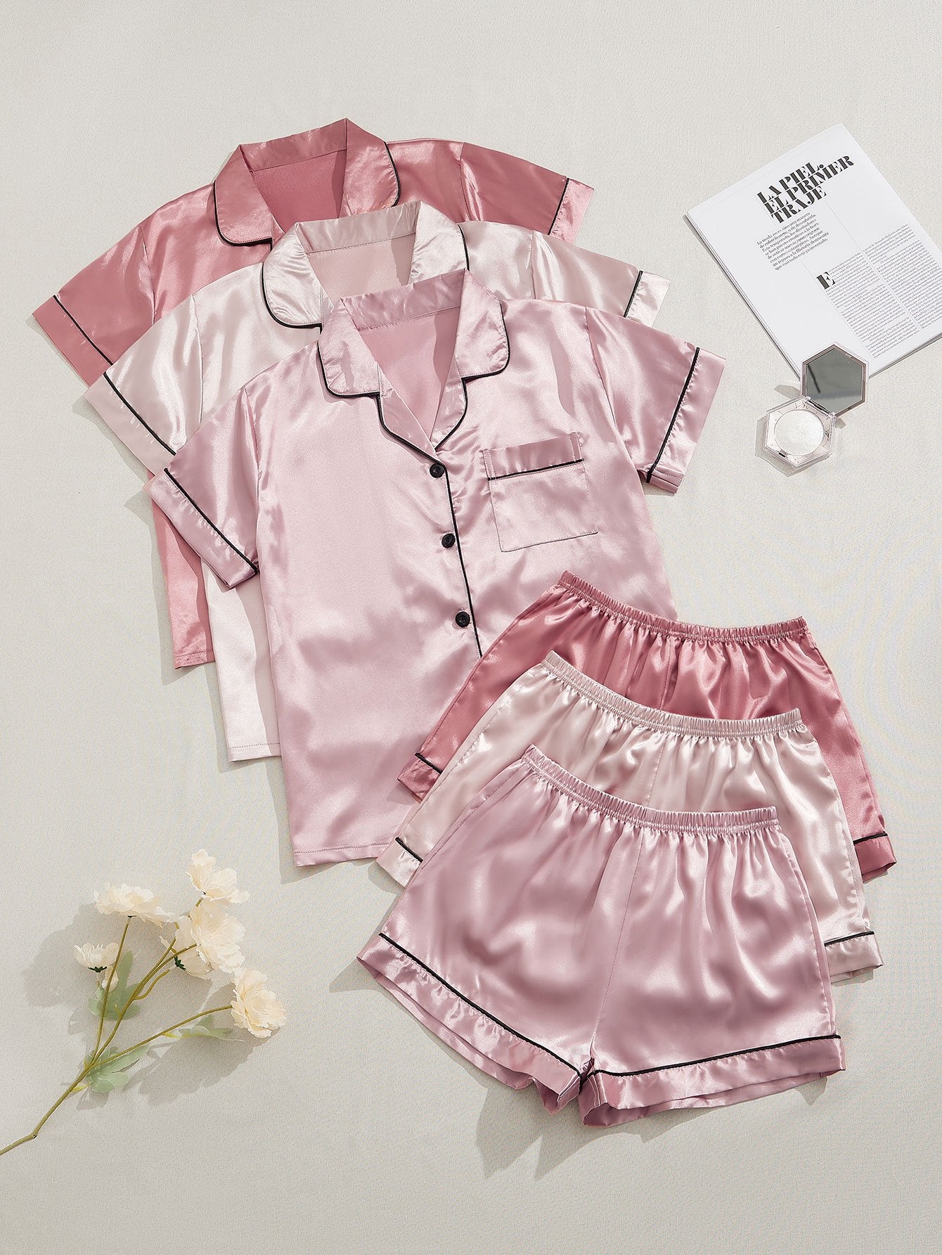 3 Sets Satin Pajama Set, Short Sleeve Lapel Top & Elastic Waistband Shorts, Women's Sleepwear & Loungewear