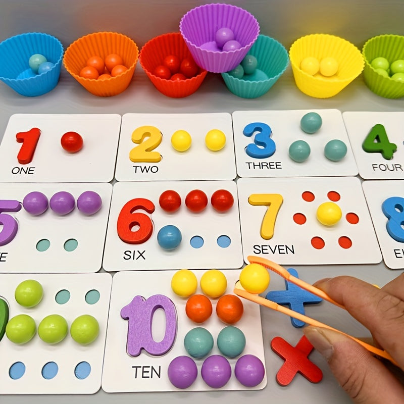 Wooden Number Counting Game for - Educational Preschool Math Learning Toy with Colorful Beads, Matching Cards and Clipping Tweezers for Cognitive Skills Development, Age 3+