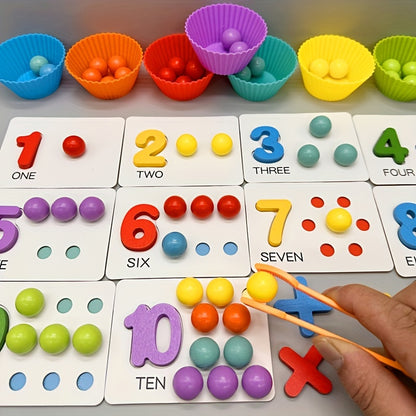 Wooden Number Counting Game for - Educational Preschool Math Learning Toy with Colorful Beads, Matching Cards and Clipping Tweezers for Cognitive Skills Development, Age 3+