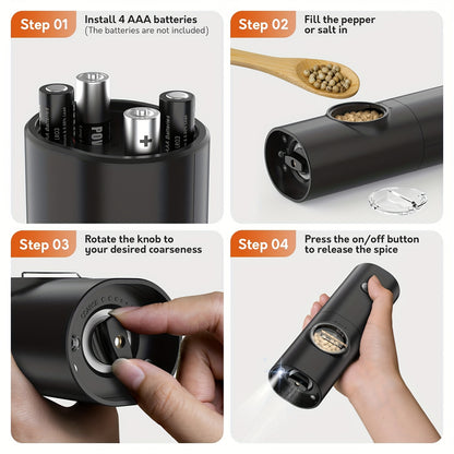 Single or Double Pack Options, Includes Base for Two-Pack - Electric Salt and Pepper Grinder with One Hand Operation, Battery Powered, Adjustable Coarseness, LED Light & Stand, Suitable for Kitchens, Food Seasoning Device, Di