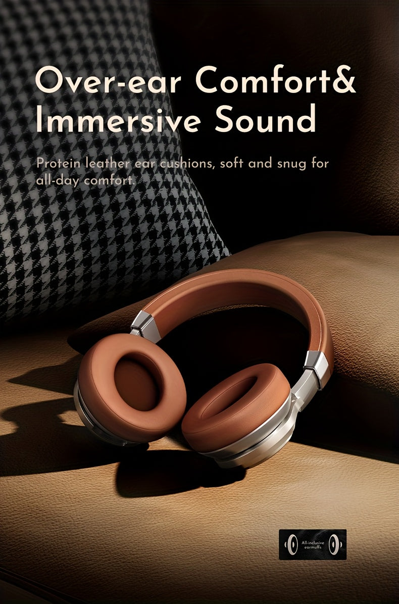 Picun Wireless Over-Ear Headphones, HiFi Stereo, Deep Bass, Foldable Design, 30-Hour Battery, Built-in Mic. Lightweight Brown Leatherette Finish, Perfect for Gaming, PC, and On-the-Go Use.