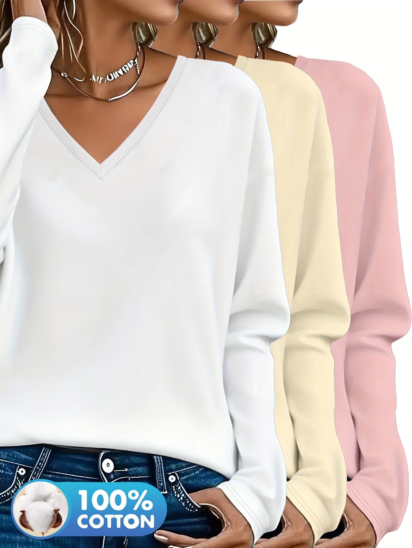 3pcs Women'S 100% V-Neck Long Sleeve T-Shirts - Soft, Durable, and Comfortable Casual Wear for All Seasons, Perfect for Holidays, Graduations, and Everyday Style, Everyday Comfort Wear | Minimalist Style | Soft Fabric Tee