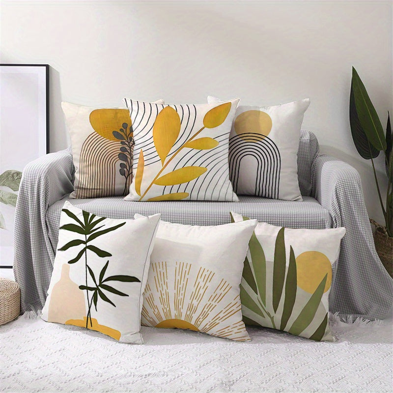 6pcs modern geometric pattern pillow case-white yellow green plant leaf pattern & abstract pattern, breathable zipper closure sofa bedroom car decorative cushion cover, all season machine wash (without inner core), suitable f