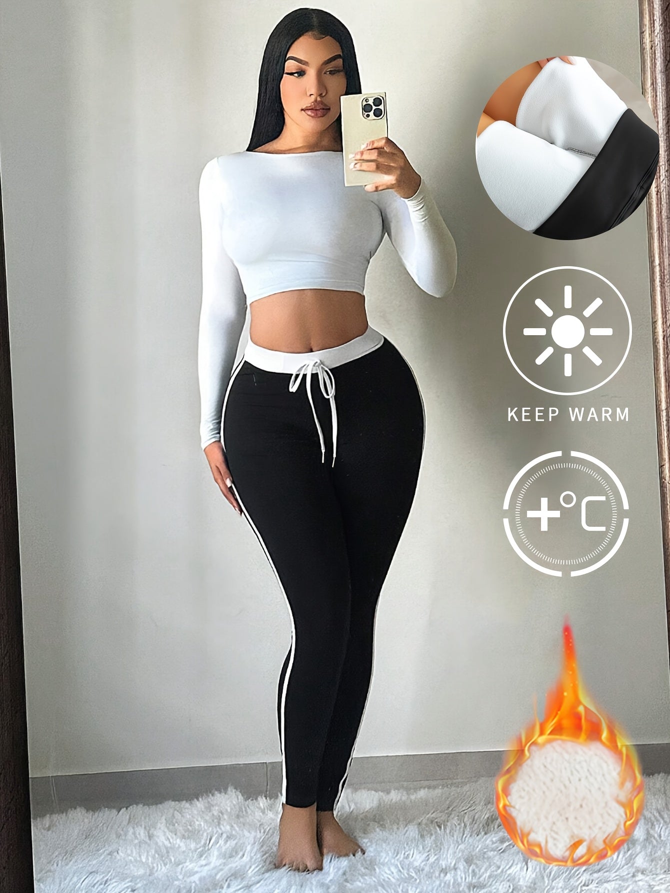 Women'S High-Waisted Thermal Leggings - Extreme Cold Weather Pants with Drawstring Waist, Non-Slip Grip, Stretchy Fleece-Lined Winter Pants for Gym, Running, Everyday - Black/White Color Block Design - Easy-Care Athletic Legg