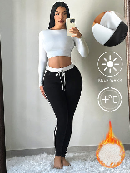 Women'S High-Waisted Thermal Leggings - Extreme Cold Weather Pants with Drawstring Waist, Non-Slip Grip, Stretchy Fleece-Lined Winter Pants for Gym, Running, Everyday - Black/White Color Block Design - Easy-Care Athletic Legg