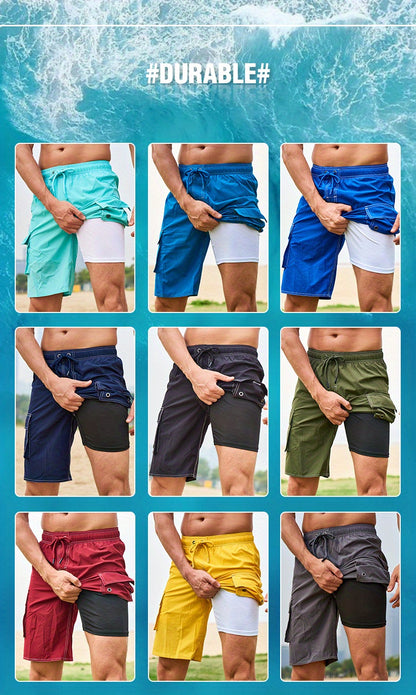 Men's Quick-Dry Swim Shorts with Adjustable Drawstring Waist & Pockets - Sporty Solid Black Beach Shorts for Swimming, Surfing, Water Sports - Machine Washable Regular Fit, Swimming Gear | Sleek Construction