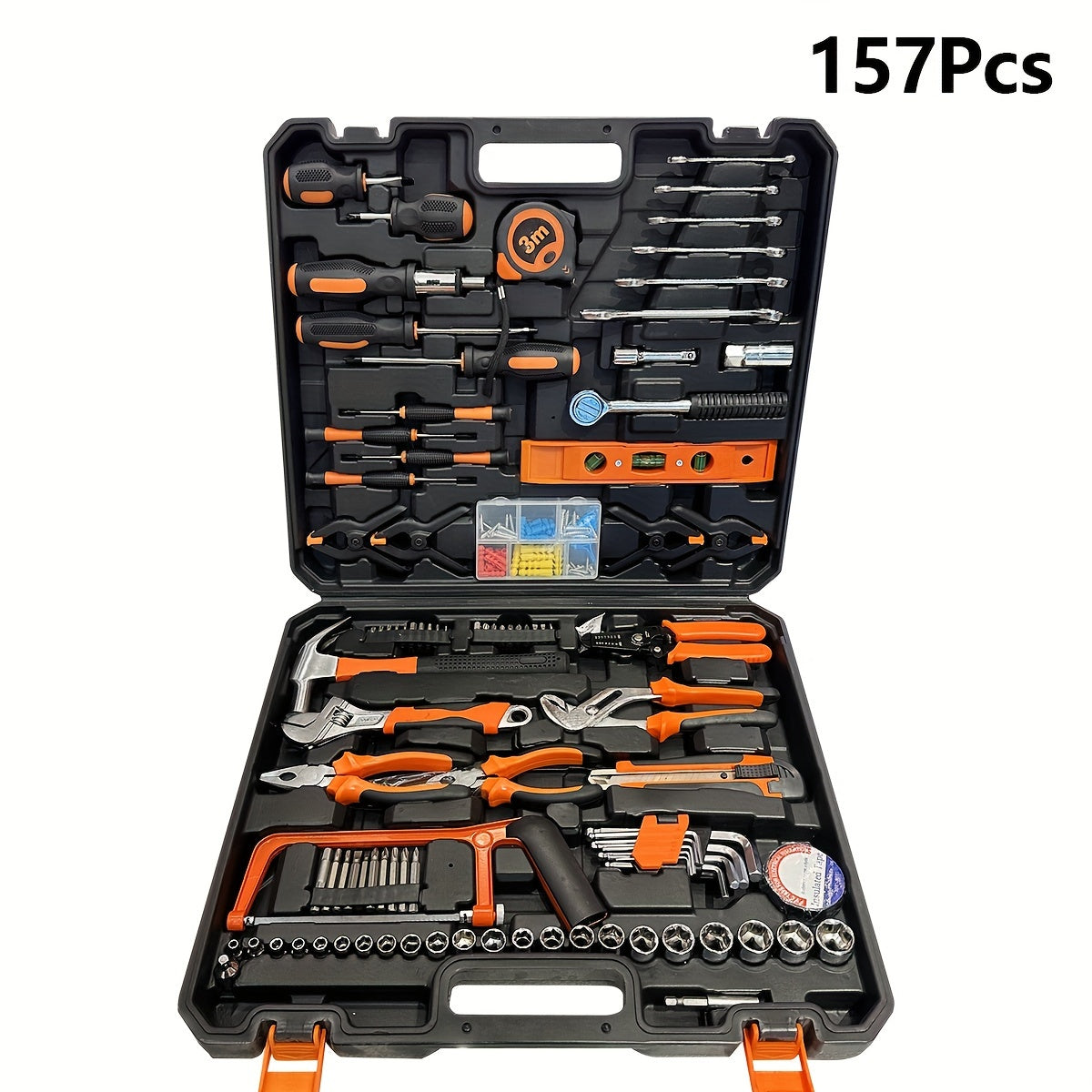 157pcs Tool Kit - Portable Mechanical Set with Adjustable Wrench, Drive Socket Combination, Saw, Chrome Vanadium Steel, Black, Durable Plastic Toolbox, No Assembly Required, Non-Electric, Battery-Free, for Home, Apartment, Ga