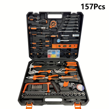 157pcs Tool Kit - Portable Mechanical Set with Adjustable Wrench, Drive Socket Combination, Saw, Chrome Vanadium Steel, Black, Durable Plastic Toolbox, No Assembly Required, Non-Electric, Battery-Free, for Home, Apartment, Ga