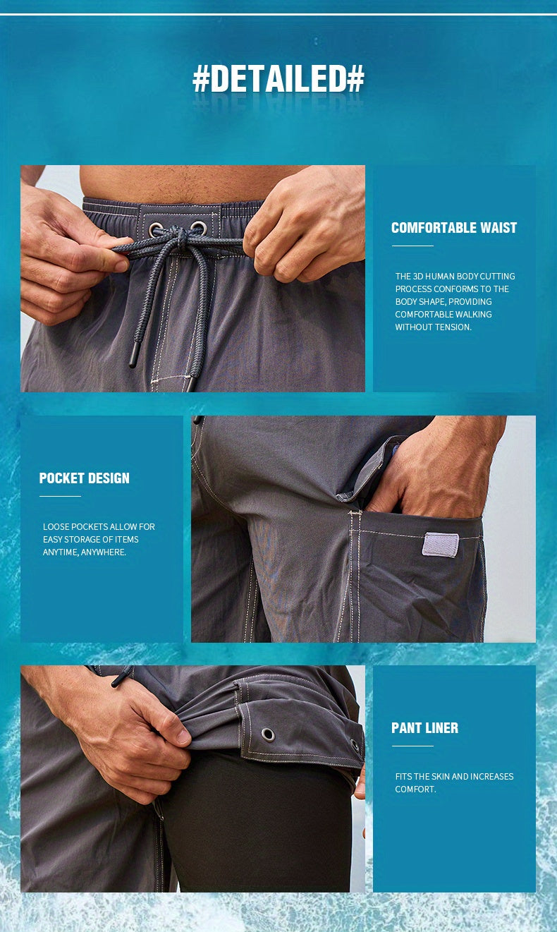 Men's Quick-Dry Swim Shorts with Adjustable Drawstring Waist & Pockets - Sporty Solid Black Beach Shorts for Swimming, Surfing, Water Sports - Machine Washable Regular Fit, Swimming Gear | Sleek Construction