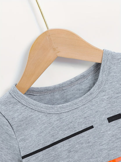 2pcs Set of Boys' Summer Striped Print Round Neck Short Sleeve T-shirt and Casual Shorts