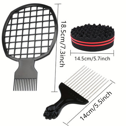 Afro Twist Hair Comb Twist Wave Barber Tool Twist Brush Curl Comb Twist Hair Sponge Twist Wave Curl Brush Comb Twist Hair Coils Comb for Natural Hair Perm comb set, sponge shaped comb, steel needle insertion comb, curling glo