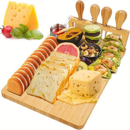 1 Set, Bamboo Cheese Board, Cheese Tray With 4 Cheese Knfie Set, Charcuterie Board And Serving Plate, Cheese Knife, Cheese Slicer, Cheese Fork, Kitchen Cooking Tools, Bamboo Cutting Board, Wood Cheeses Boards, Kitchen Stuff