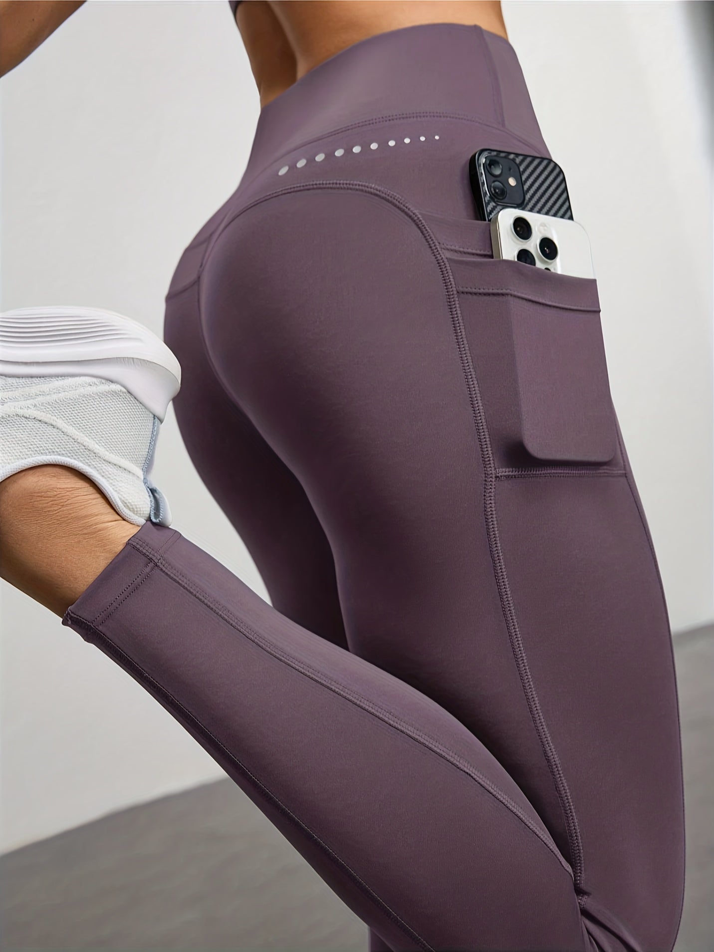 Women's High-Waisted Yoga Leggings with Side Pocket - Full-Length 7/8 Tummy Control Workout Pants, Mauve (Purple-Brown) Solid Color, Breathable Gym Pants for Pilates, & All-Season Wear, Non-Sheer Fitness Bottoms