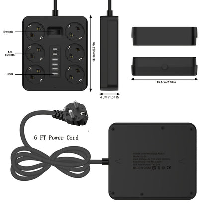 12-in-1 Power Strip with 6 Outlets and 6 USB Ports (2 USB-C) | 182.88cm Flat Plug Wall-Mounted Desktop Charging Station, Suitable for Home Office Dorm Essentials | Multi-Plug Expander