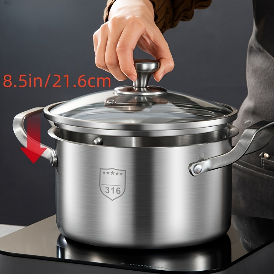Premium Stainless Steel Soup Pot with Lid - Induction Compatible, Thickened Double-Handle Design for Home Cooking, Steaming, and Soup Preparation - Perfect for Outdoor Camping, Uncharged Power Source, Camping Cookware|Sleek C