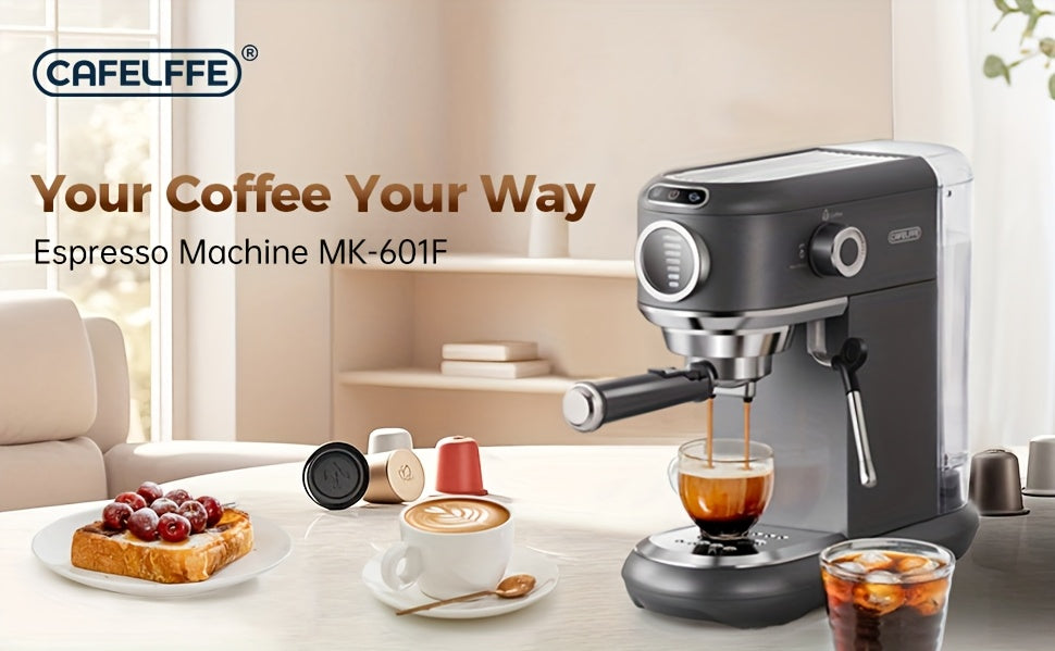 CAFELFFE Cold/Hot Semi-Automatic Espresso Machine, Stainless Steel Multi-Function Latte & Cappuccino Maker with Built-in Milk Frother/Steam Wand, Upgraded 7-Level Water Volume Control, Compatible with Ground Coffee & ESE Pods