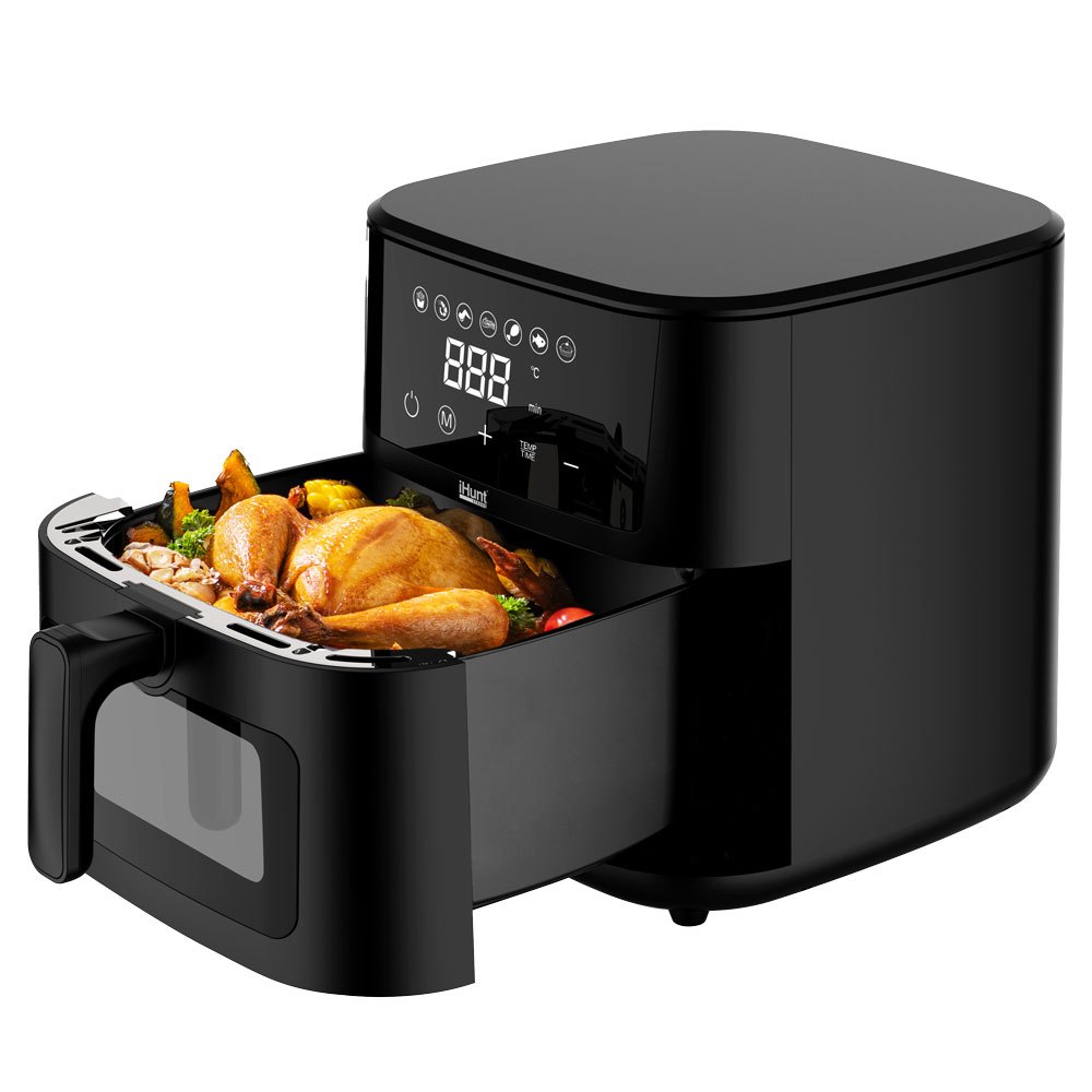 Hunt Bro Air Fryer Ultra 4.2L, 1200W, with 60-Min Timer, Adjustable Thermostat (80–200°C), Viewing Window, Auto Shut-Off, Overheat Protection, Stainless Steel, 33 x 24.5cm, Black