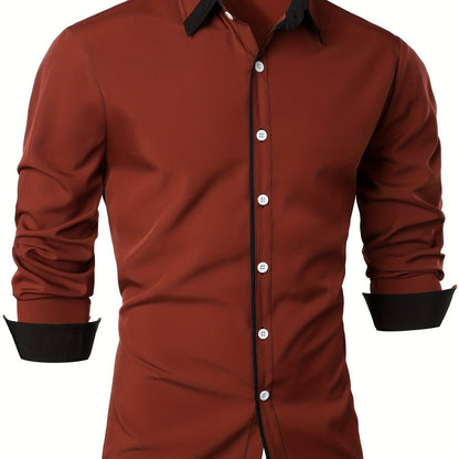Mature Style Men's Casual Trim Contrast Button Long Sleeve Shirt, Spring Fall