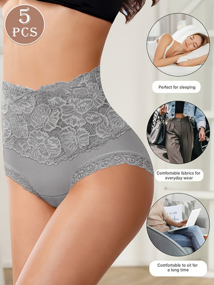 5pcs Women's High-Waisted Tummy Control Briefs - Soft Lace Trim, Butt-Lifting & Tummy Control, Elegant Lace Underwear For Everyday Comfort